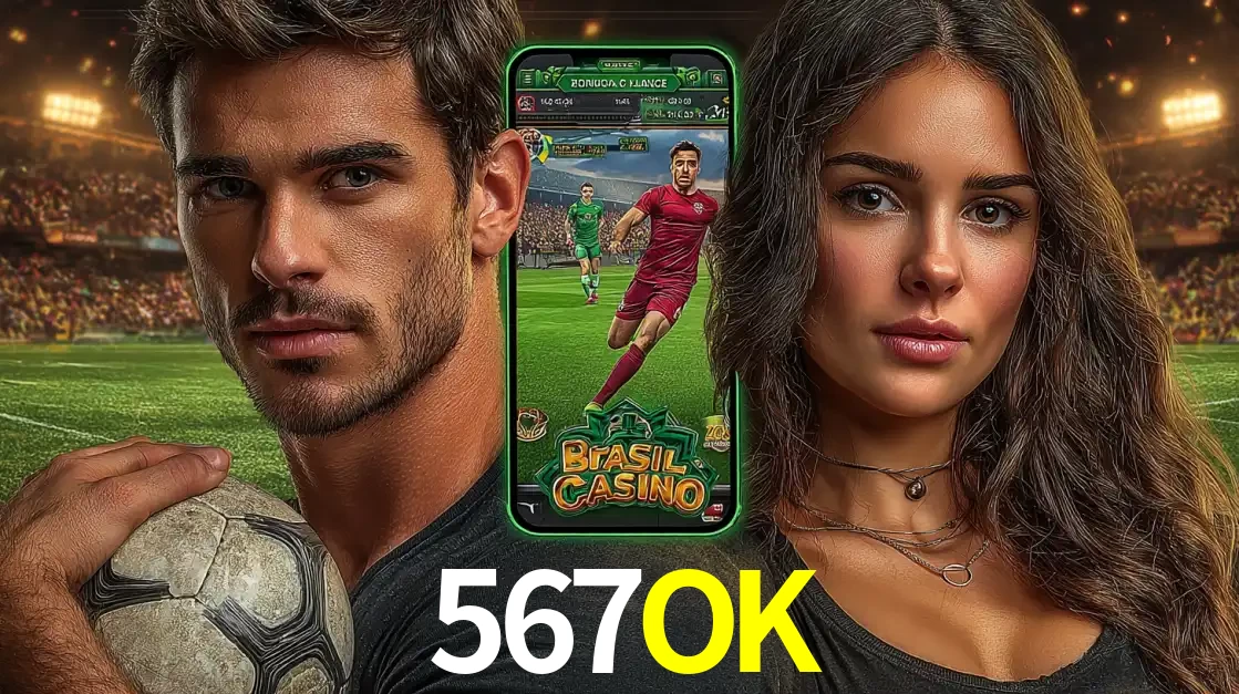 Homem segurando uma bola de futebol e uma mulher ao lado de um smartphone exibindo o jogo de apostas esportivas da 567OK. Faça seu palpite no cassino online.